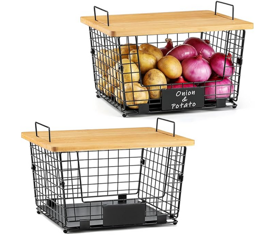 Wire and Bamboo Stackable storage bins